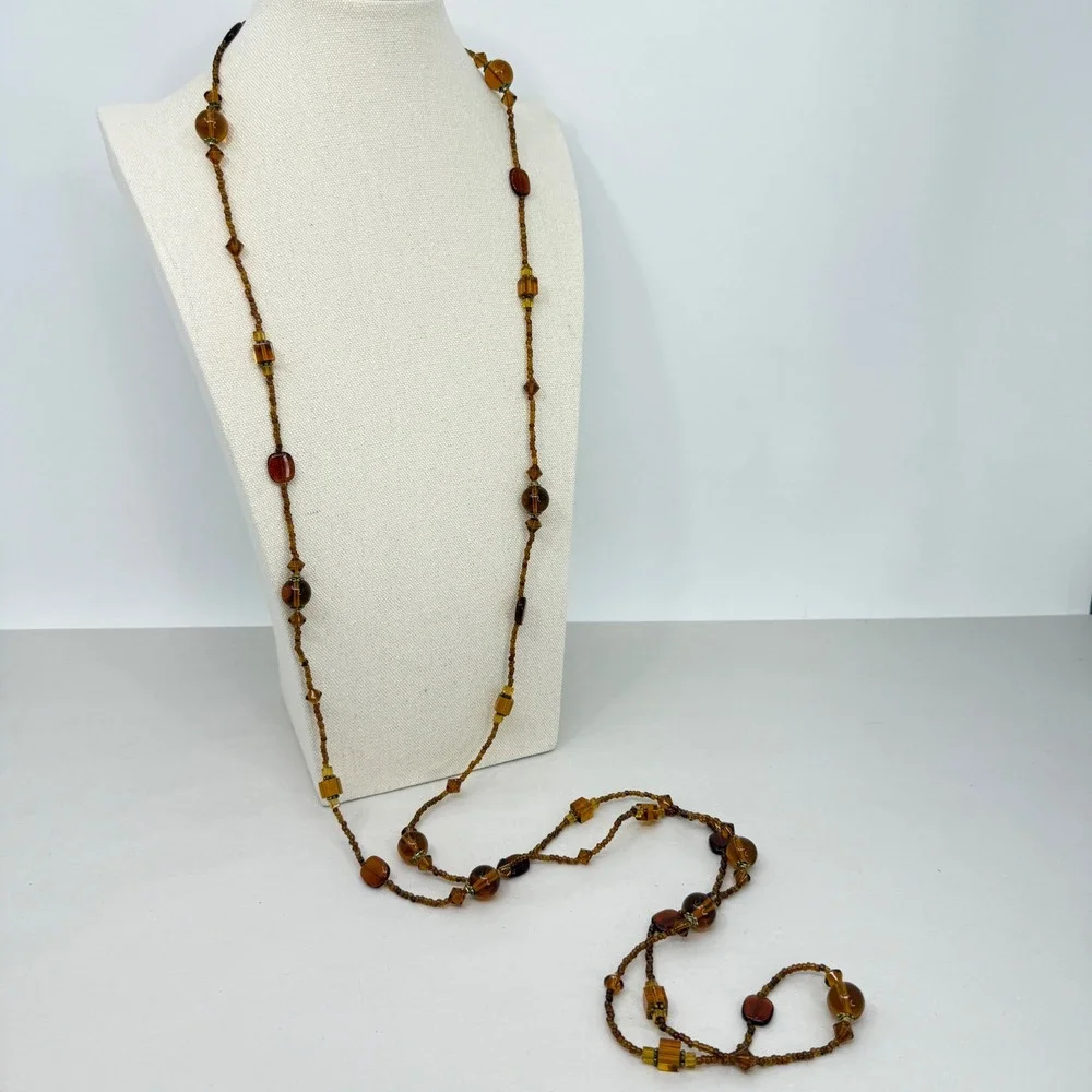 Long Amber Toned Beaded Necklace Geometric Glass Honey Cognac Brown Flapper 72in